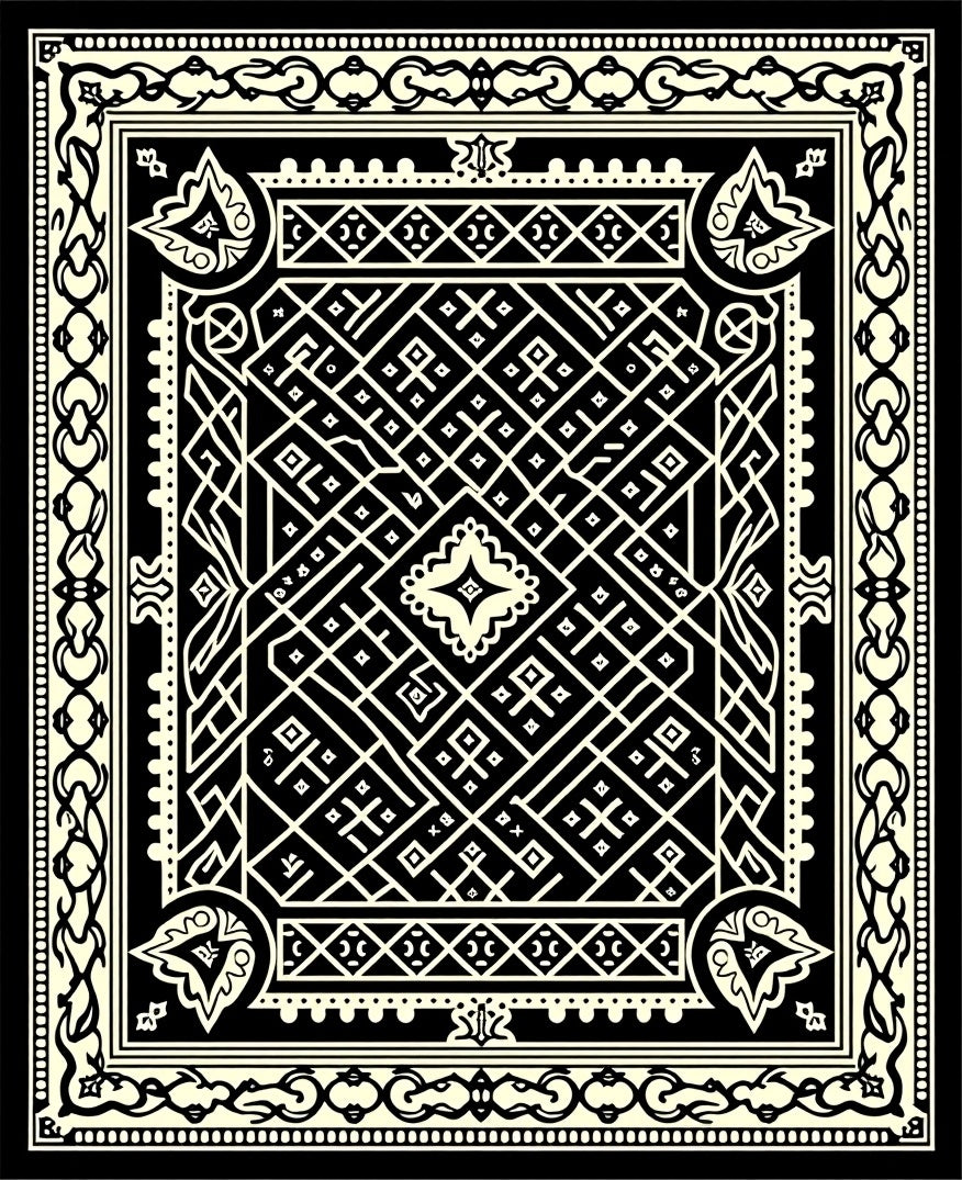 Black White Geometric Lattice Medallion Rug