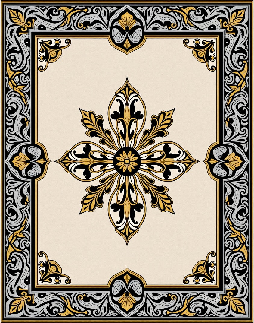 Ornate Gold Black Floral Border Tapestry Rug