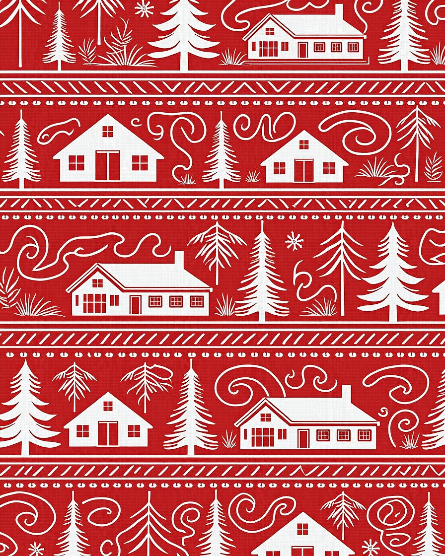Festive Red White Village Trees Rug