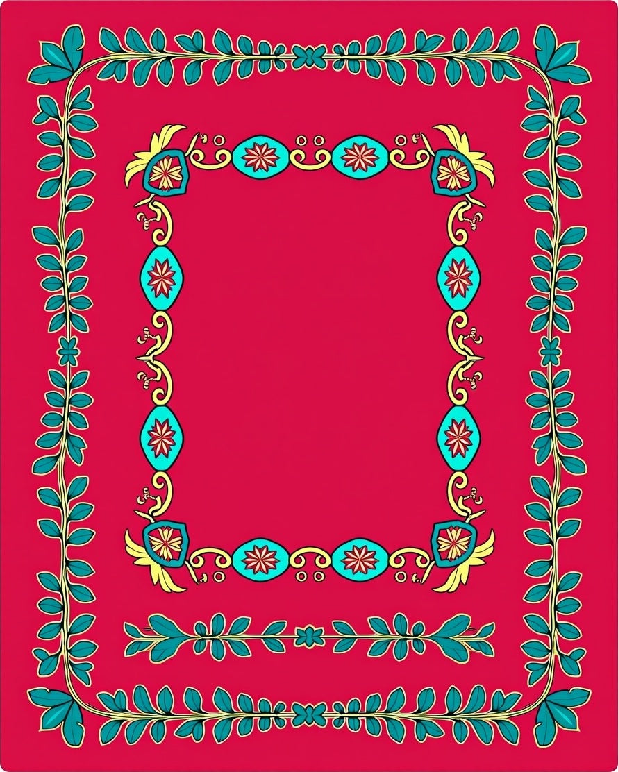 Vibrant Teal Floral Border Red Rug