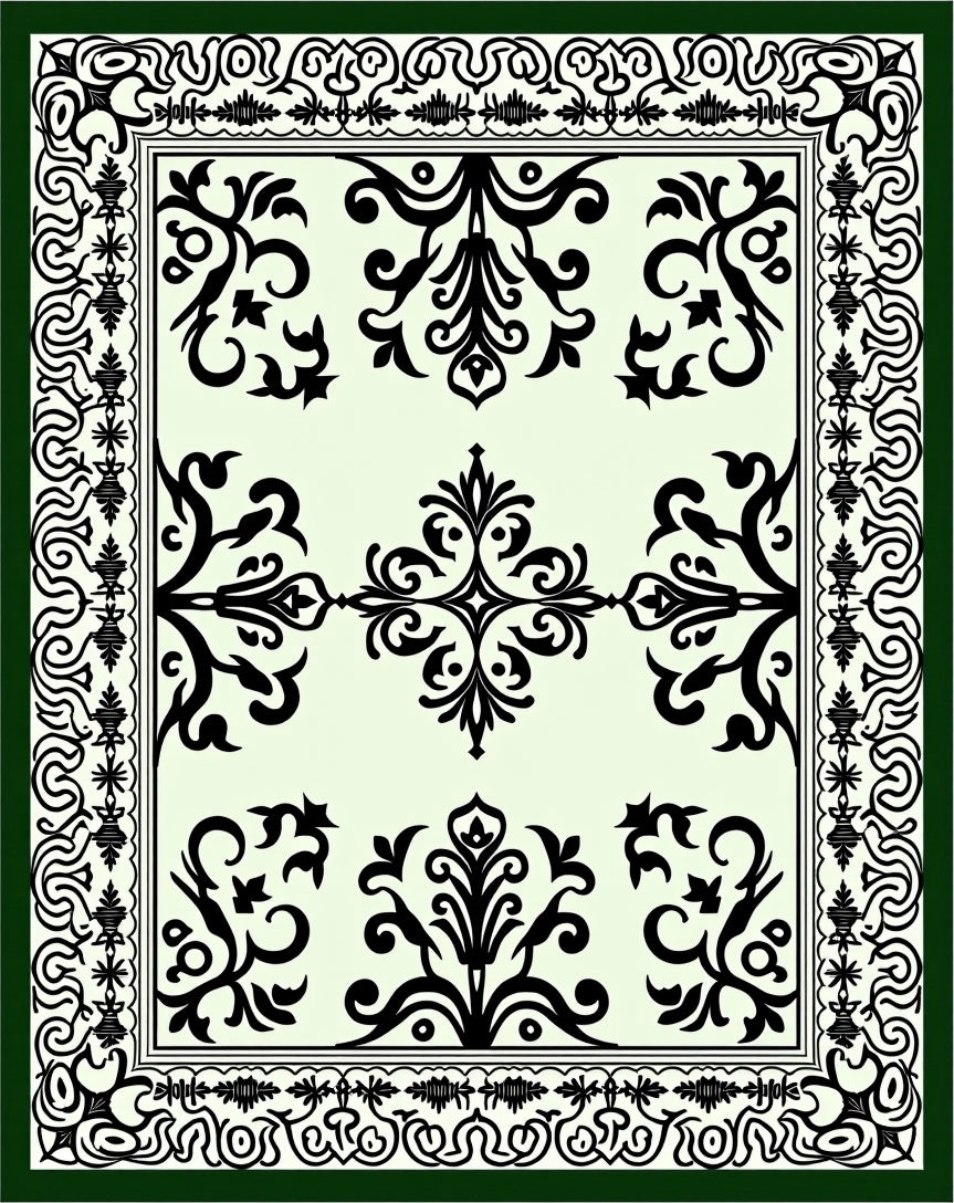 Black Elegant Floral Scroll Border Rug