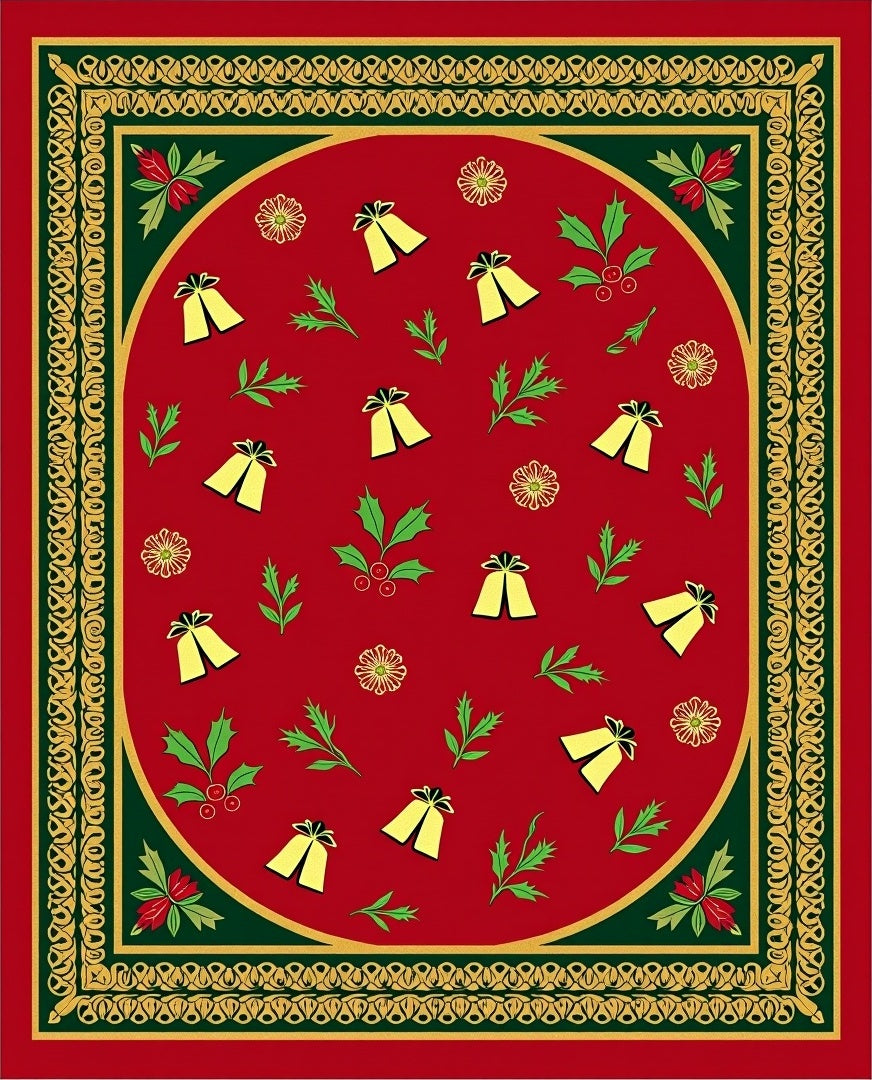 Red Golden Bell Festive Holly Border Rug