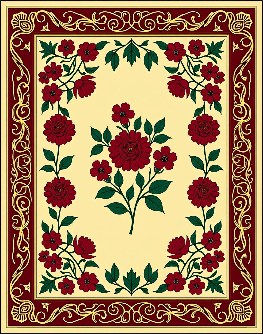 Rich Crimson Floral Border Cream Rug