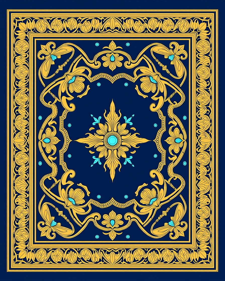Royal Blue Golden Floral Medallion Rug