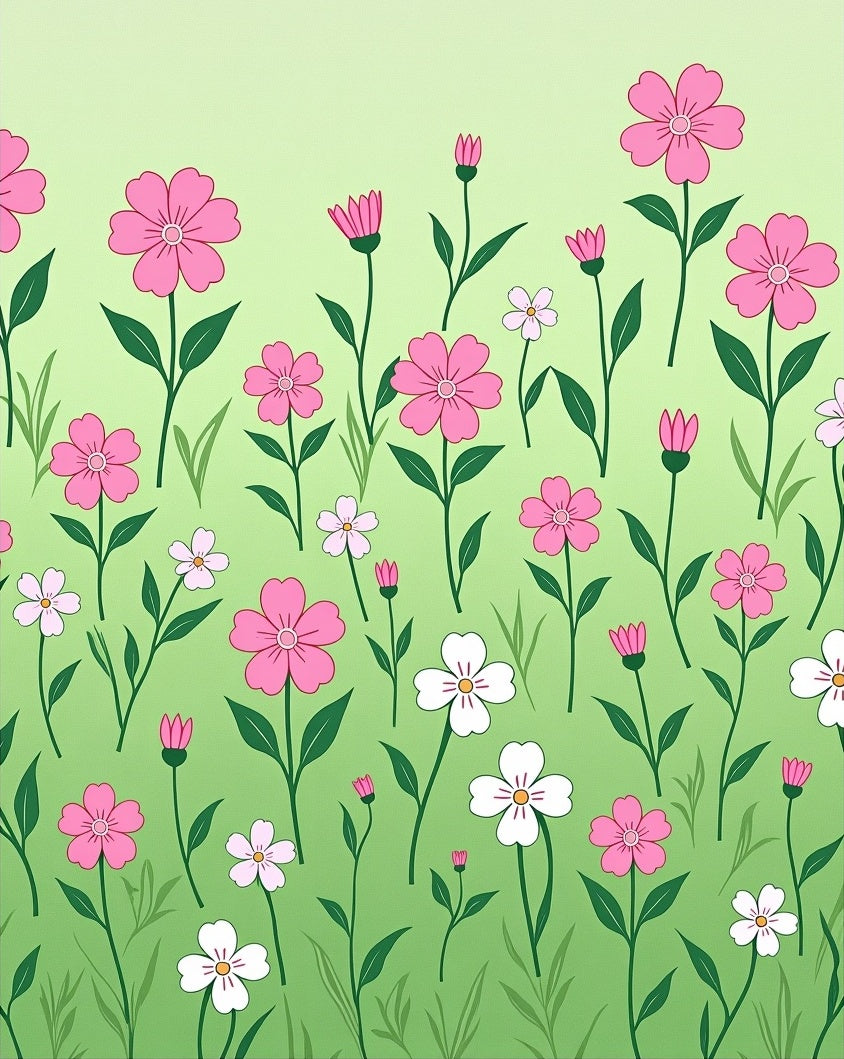Pink White Flowers on Green Gradient Rug