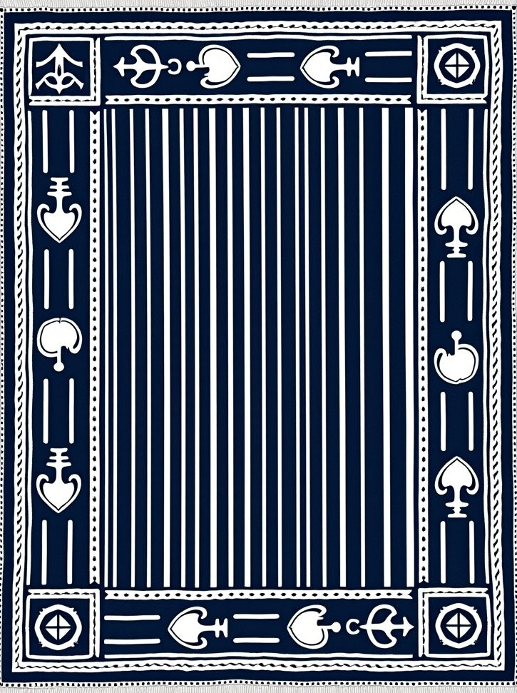 Navy White Vertical Stripe Symbolic Medallion Rug