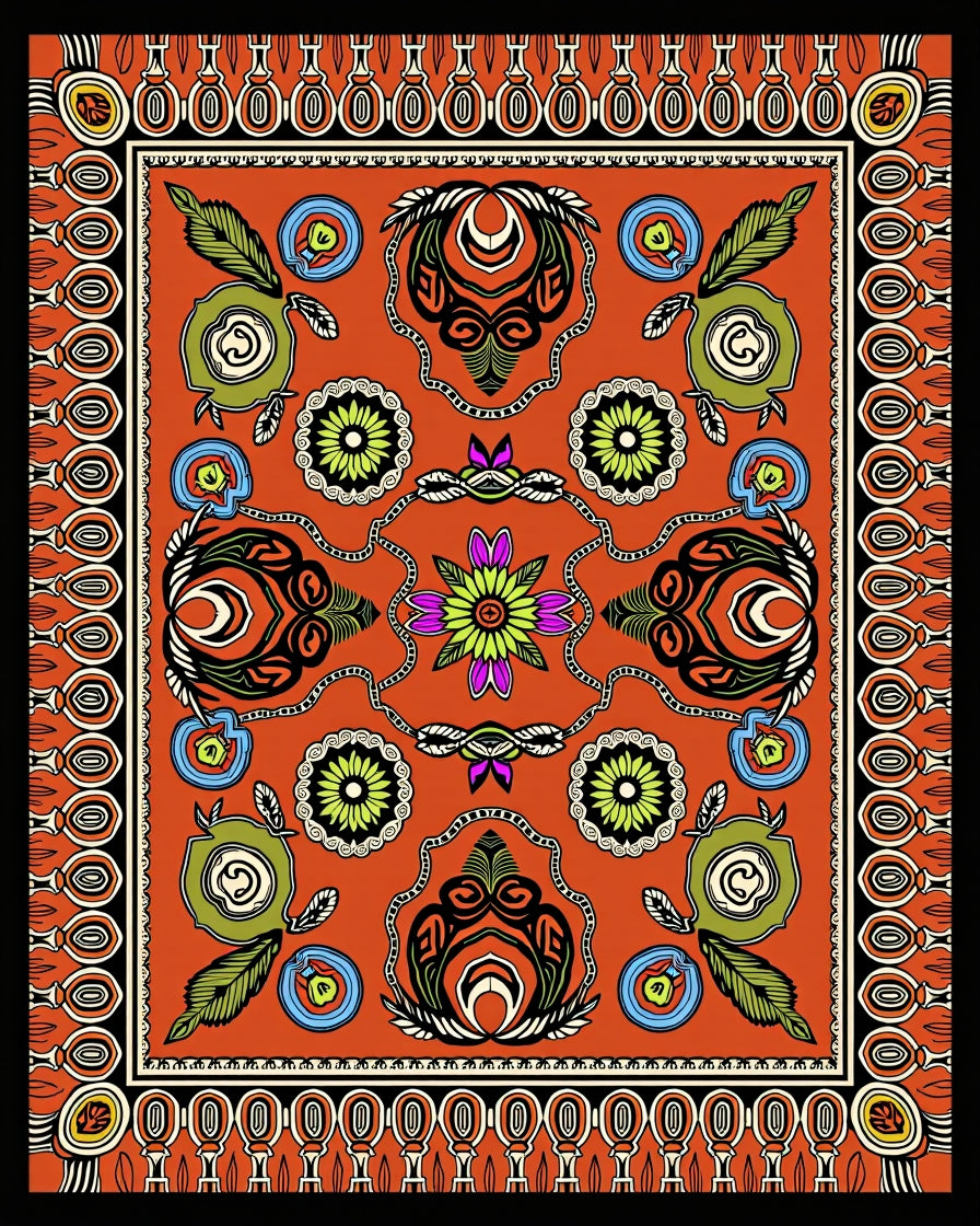 Vibrant Orange Floral Medallion Geometric Rug