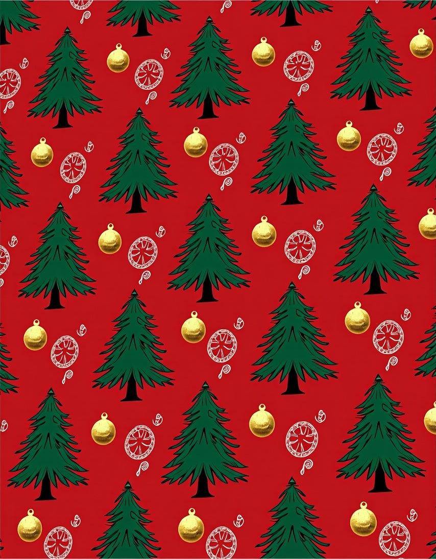 Green Trees Gold Ornaments Red Background Rug