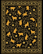 Golden Animals Black Swirling Vine Rug
