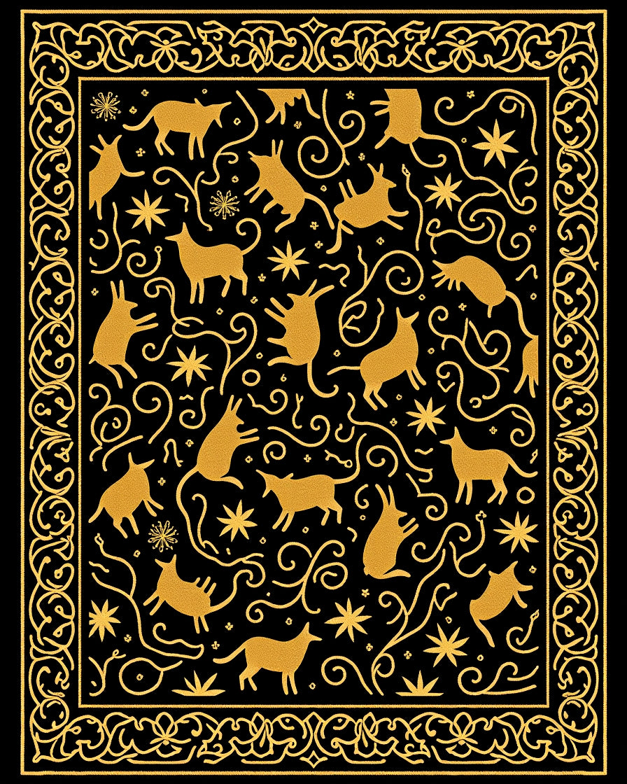 Golden Animals Black Swirling Vine Rug