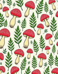 Red Mushroom Fern Forest Pattern Rug
