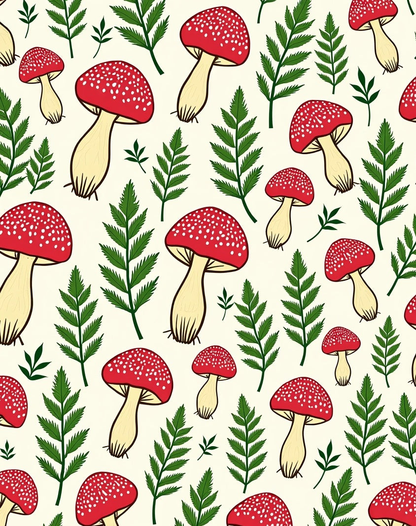 Red Mushroom Fern Forest Pattern Rug