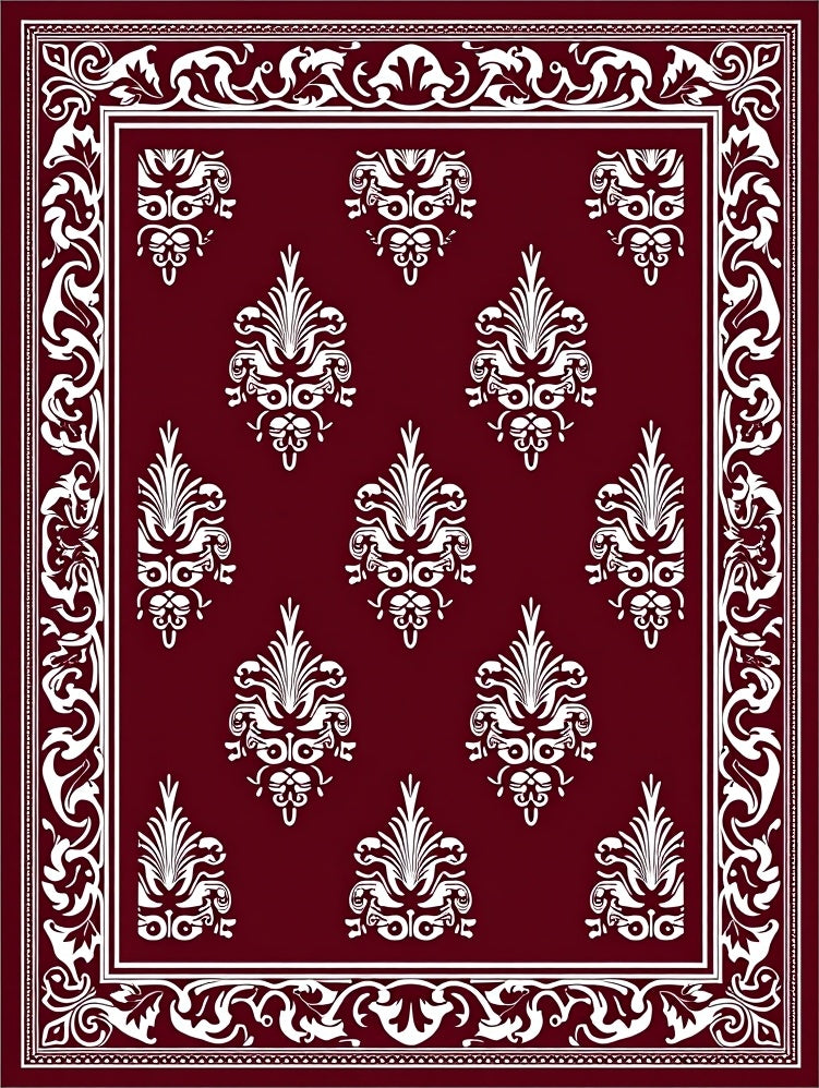 Crimson white ornate floral damask Rug