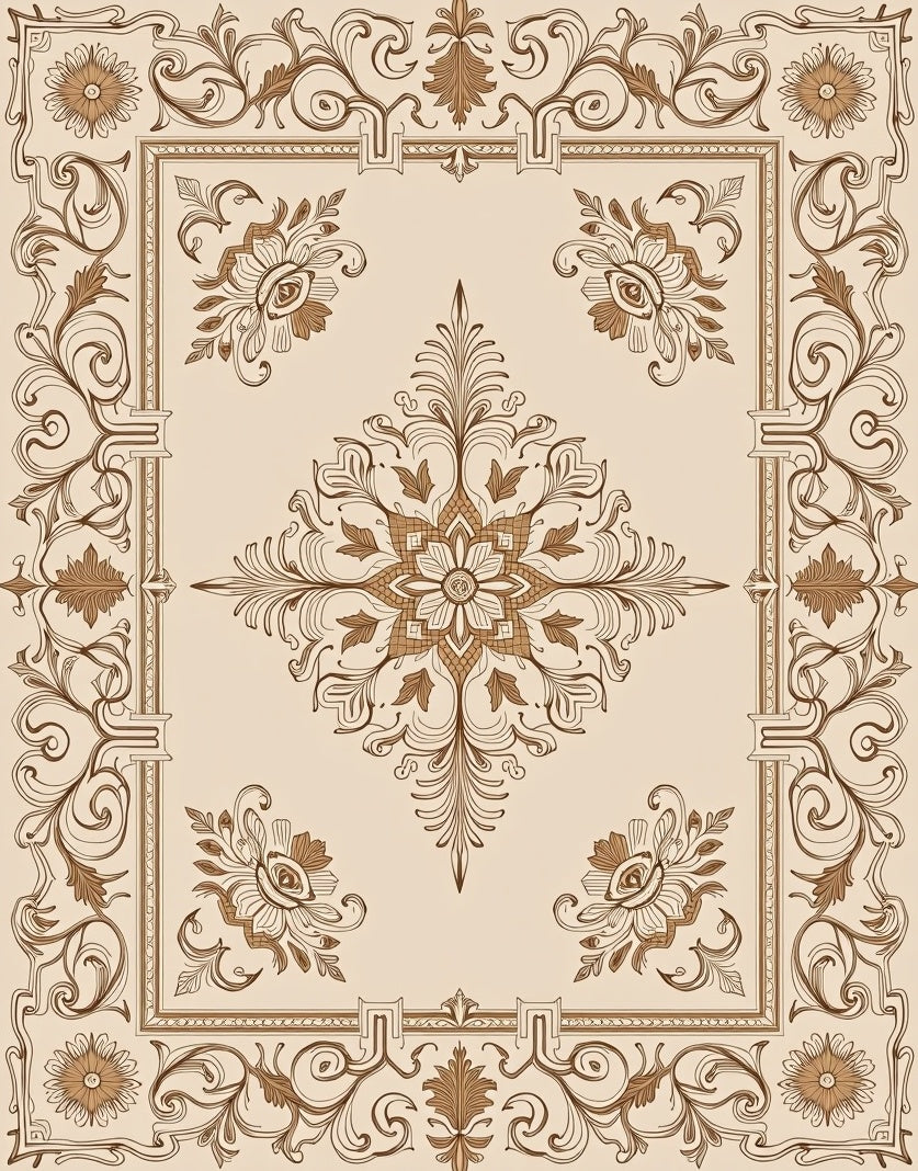 Antique Beige Floral Scroll Medallion Rug