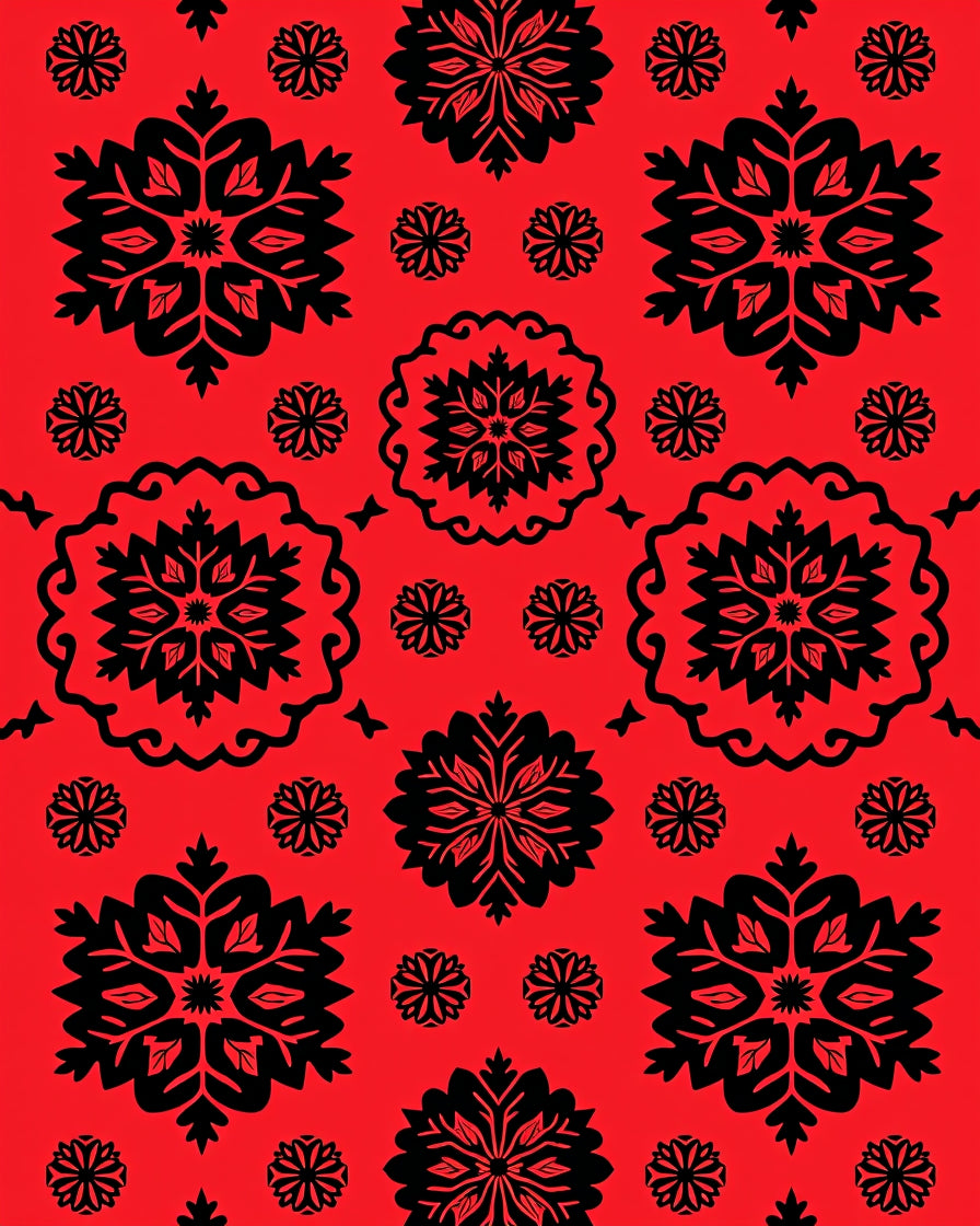 Crimson Black Floral Medallion Scroll Rug