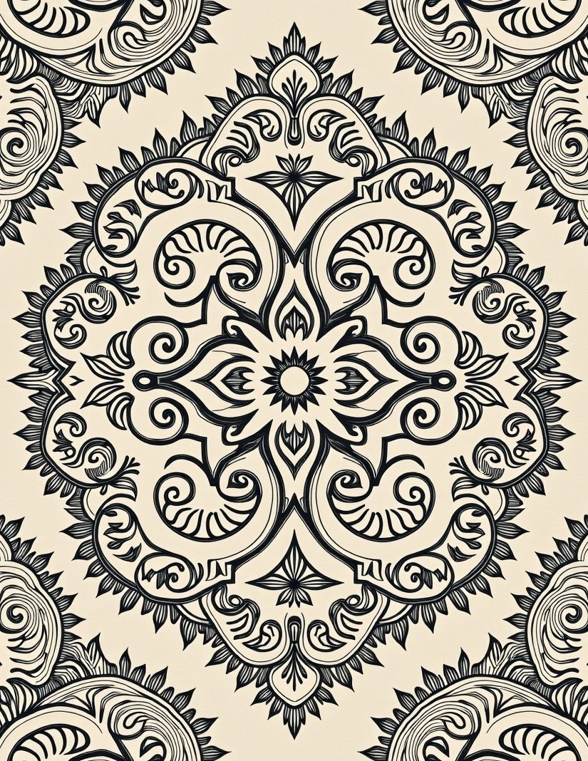 Cream Black Floral Medallion Rug