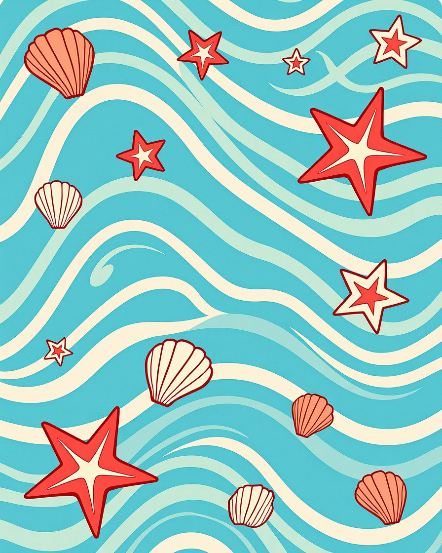 Aqua Red Starfish Shell Waves Rug
