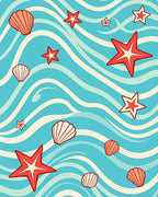 Aqua Red Starfish Shell Waves Rug