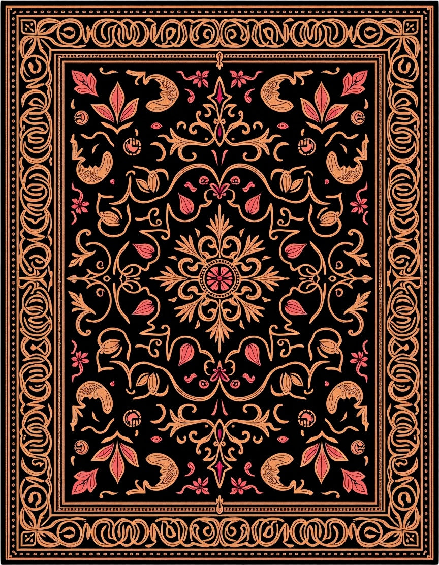 Ornate Coral Floral Black Jewel Rug