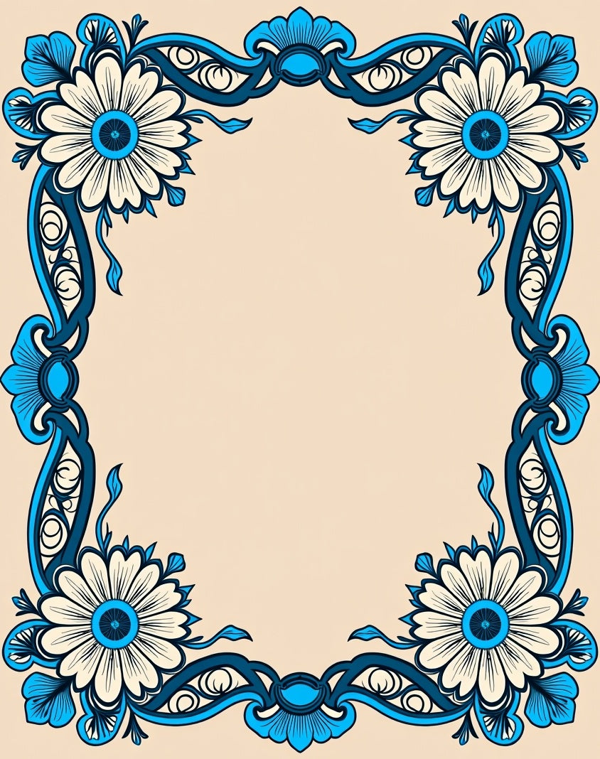 Ornate Blue Floral Border With Centerpiece Rug