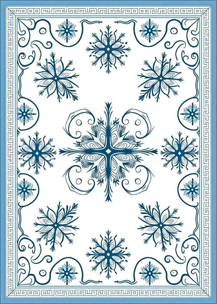 Navy Blue Snowflake Scroll Border Rug