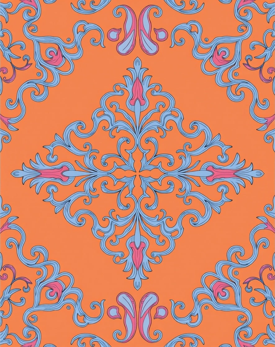 Vibrant Orange Blue Pink Floral Scrolls Rug