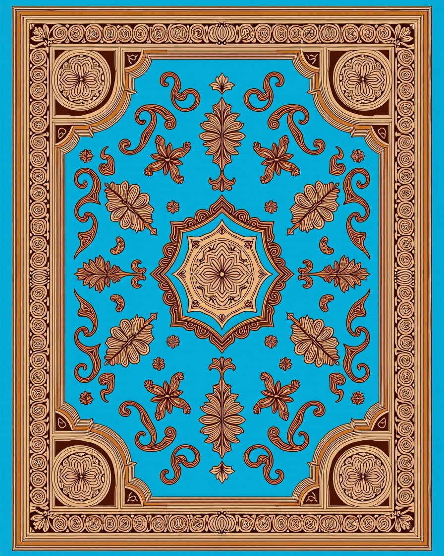 Vibrant Blue Golden Floral Medallion Rug