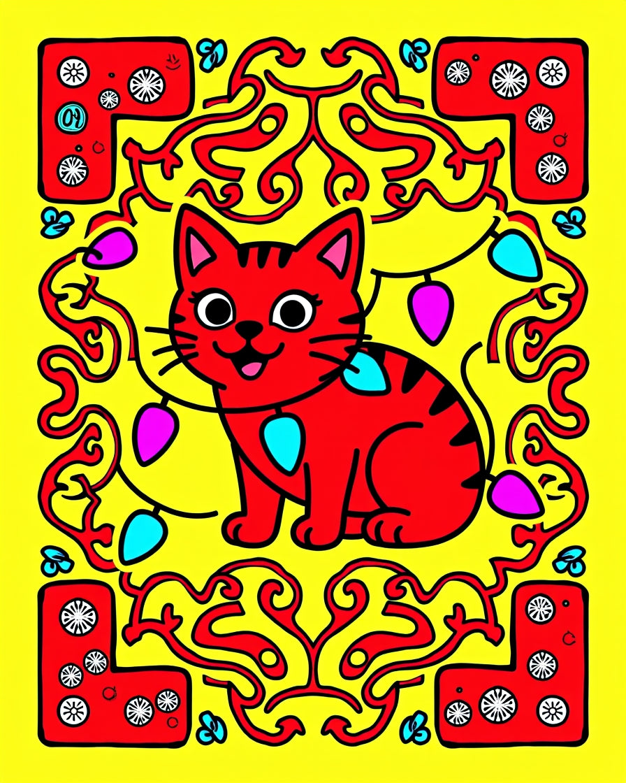 Red Whimsical Cat Holiday Lights Rug