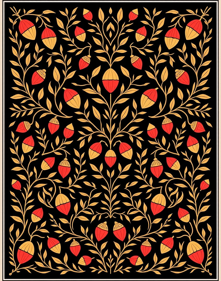 Art Nouveau Black Red Golden Acorn Swirl Rug