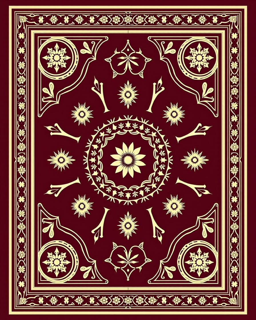 Crimson Yellow Ornate Medallion Border Rug