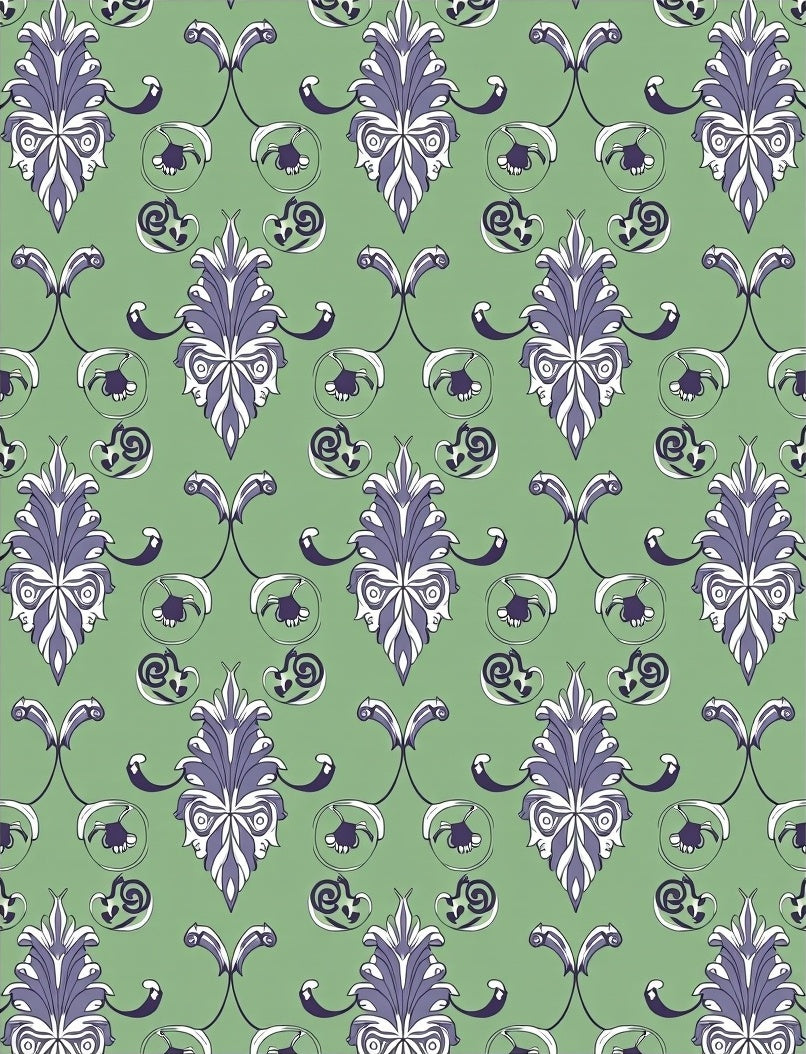 Ornate Lilac Crests on Sage Background Rug