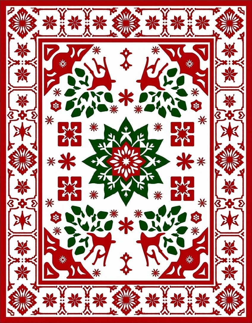 Rustic Red Green Reindeer Star Motif Rug