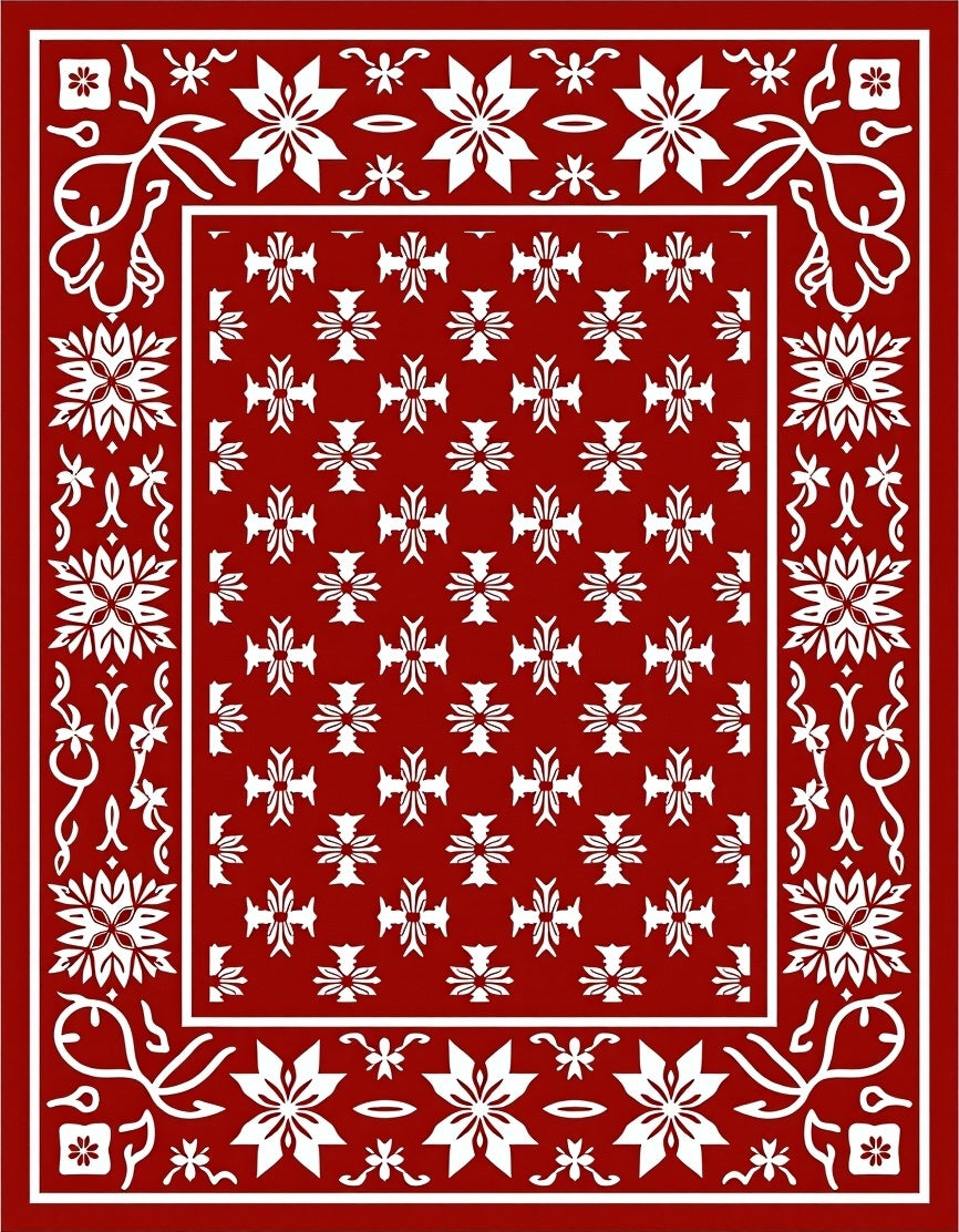 Crimson white floral ornate border Rug