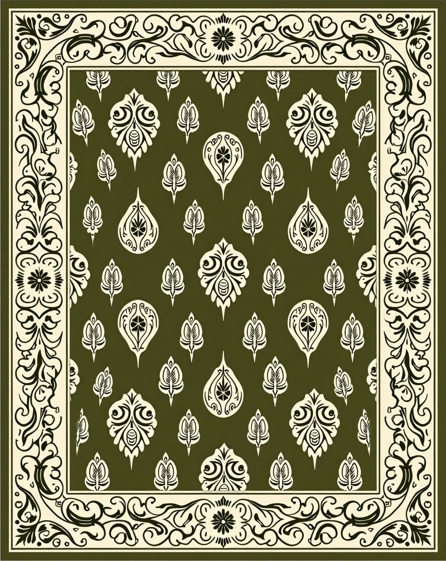 Olive Cream Paisley Scroll Border Rug
