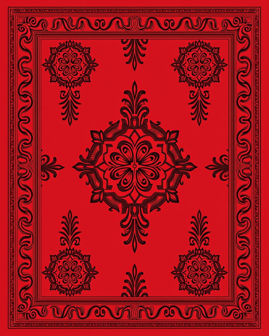 Bold Red Black Ornamental Medallion Rug