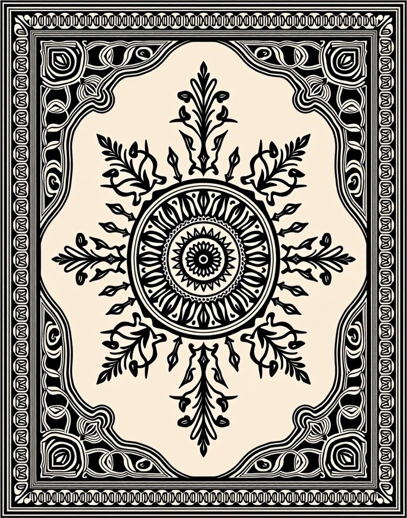 Ornate Black Cream Mandala Medallion Rug