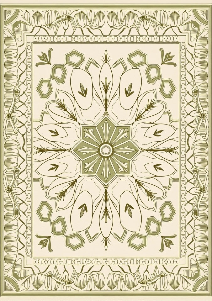 Sage Green Floral Medallion Border Rug