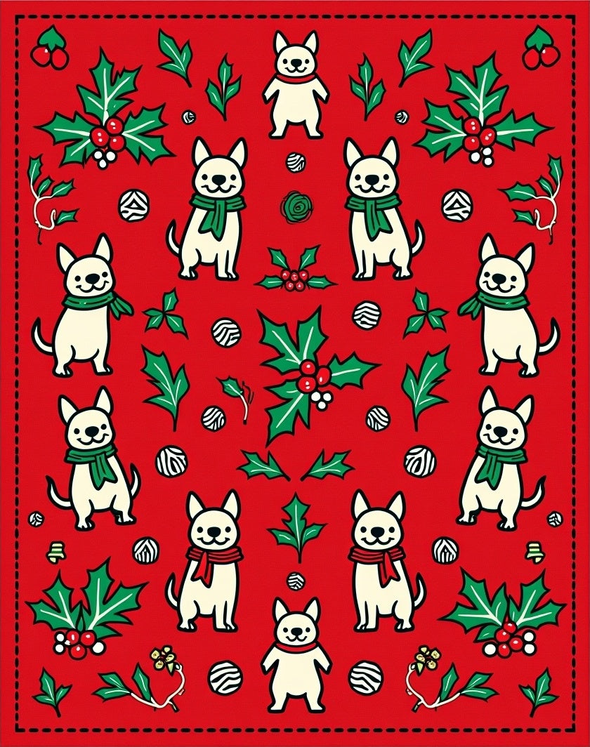 Jolly Festive Dog Holly Christmas Red Rug