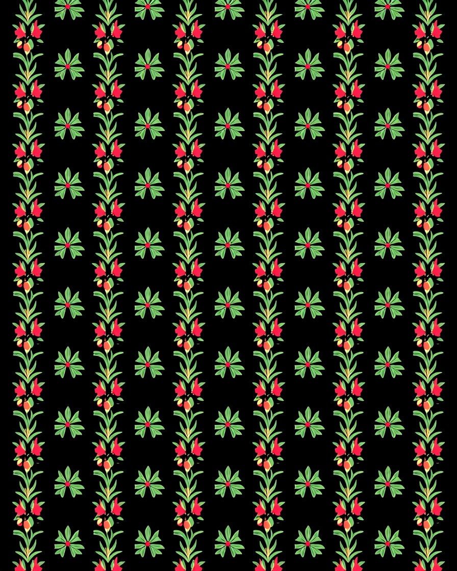 Crimson Vine Floral Starbursts Black Rug