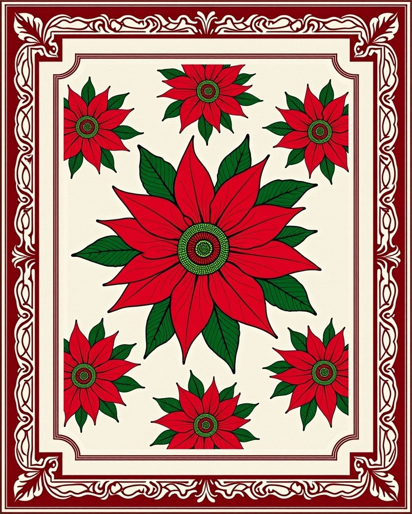 Red Poinsettia Floral Garden Border Rug