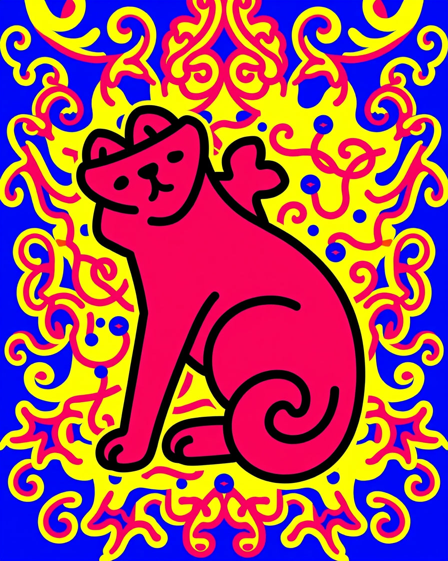 Vibrant Pink Cat Yellow Swirls Blue Rug