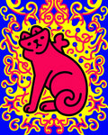 Vibrant Pink Cat Yellow Swirls Blue Rug