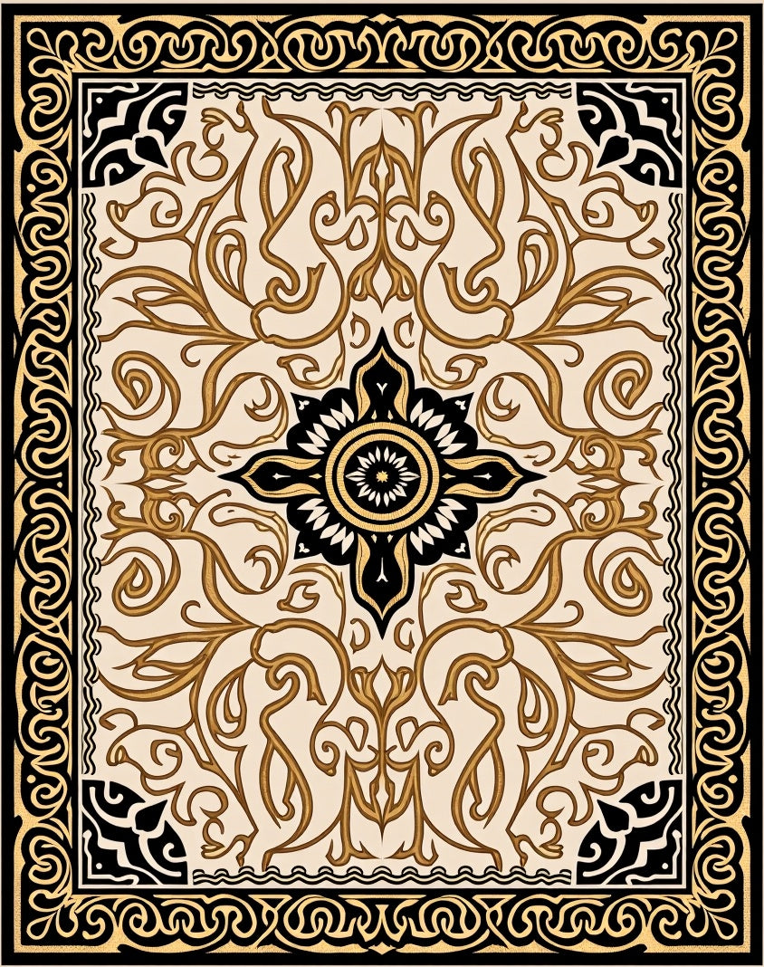 Antique Gold Floral Bordered Cream Rug