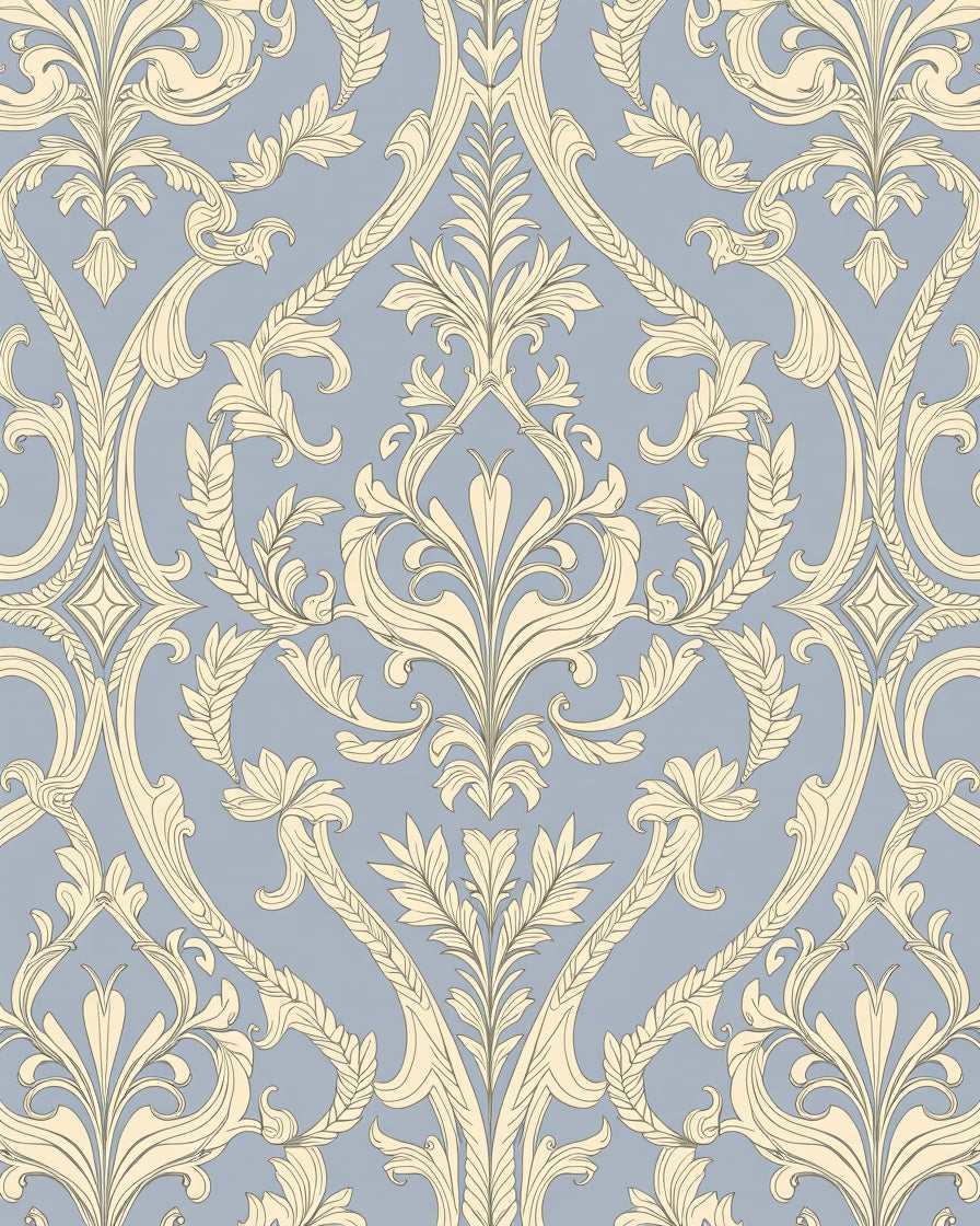 Pale Blue And Cream Damask Scroll Rug