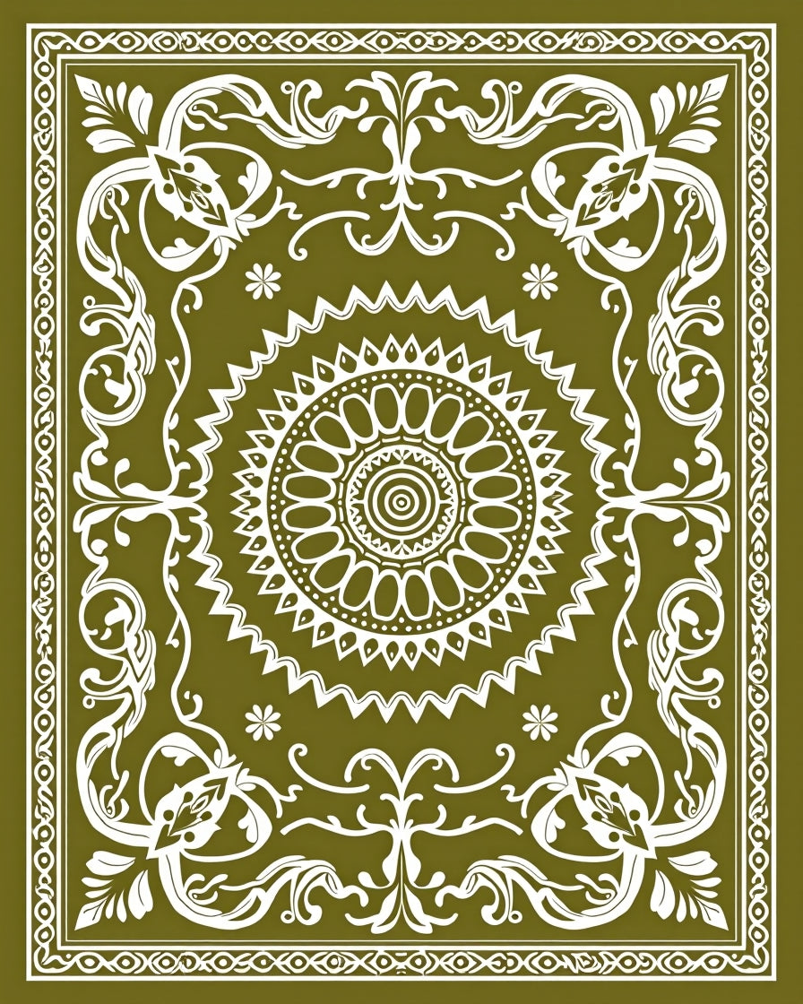 Olive Green Medallion Floral Scroll Rug