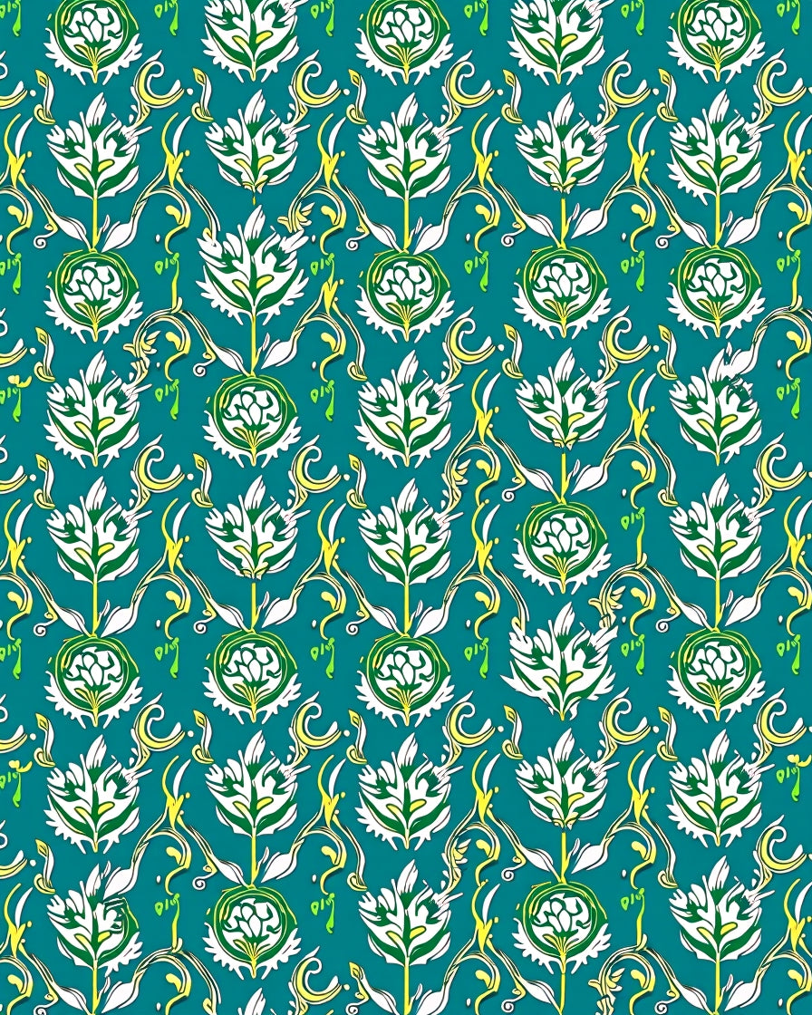 Teal White Green Floral Scroll Rug
