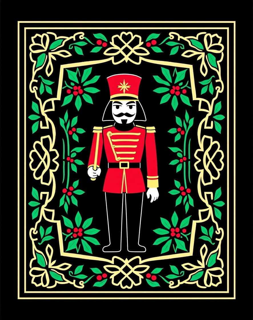 Festive Red Nutcracker Holly Border Rug
