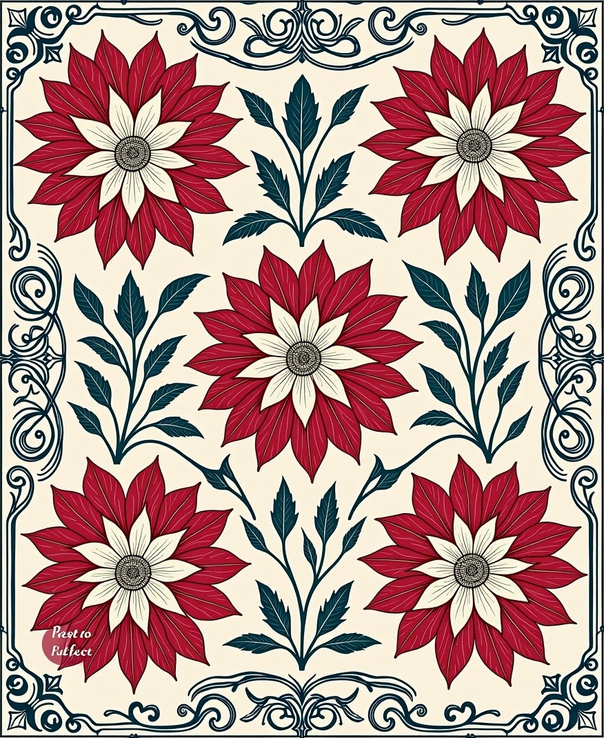 Crimson White Floral Art Nouveau Rug