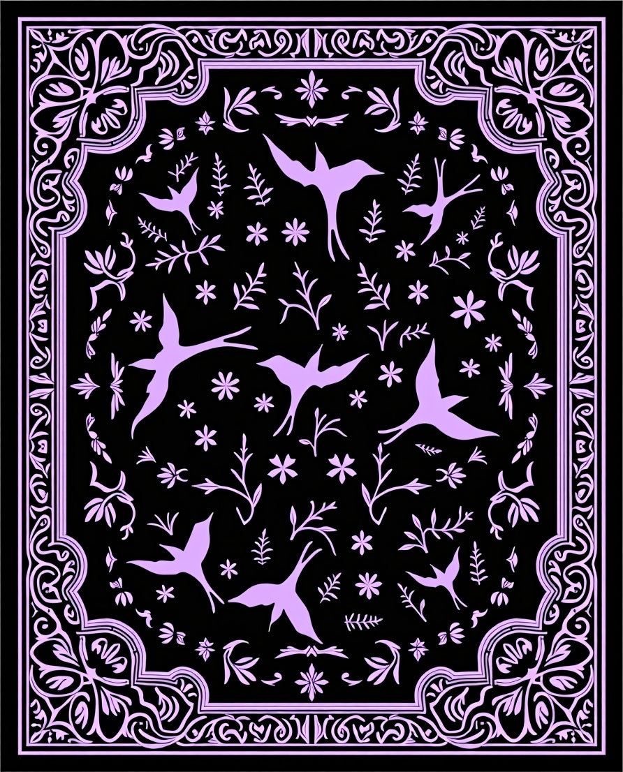 Ornate Lilac Bird and Floral Border Rug