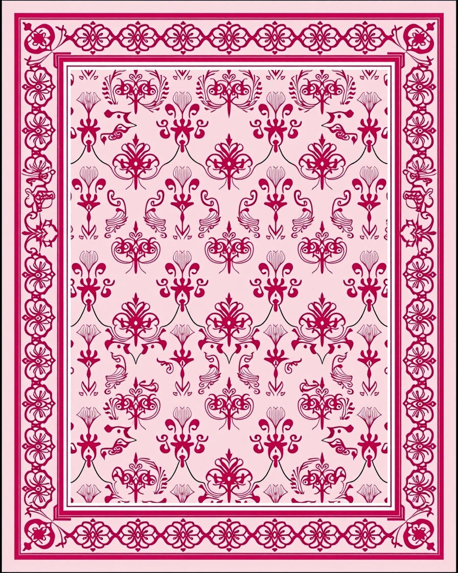 Crimson Floral Damask Border Rug